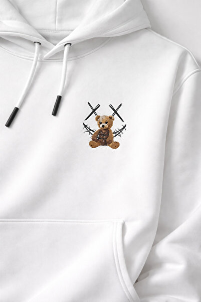 vulgariromania Hanorac Oversize Alb Bărbați – Bear Teddy Print Streetwear - XL