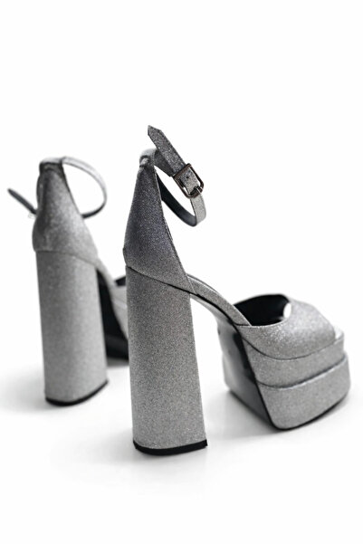 HAYYSHOES Solistra Gümüş Simli Bilekten Bağlamalı 6 Cm Çift Platform Kadın Yü...