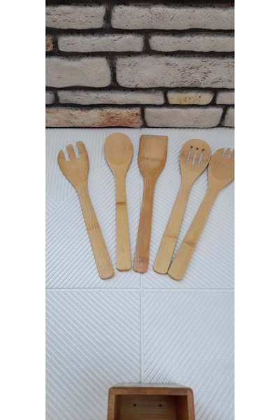 umut züccaciye 6 Piece Bamboo Spoon Fork Spatula Set with Stand