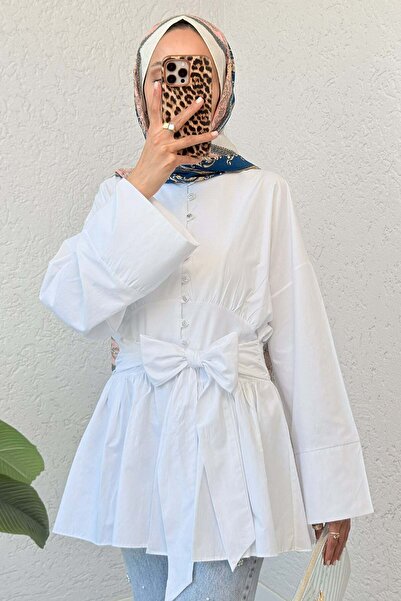 Salih Çelebi Τουνίκ με μανίκι κιμονό με ζώνη 2343 - ΛΕΥΚΟ