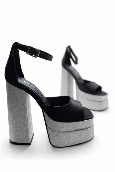 HAYYSHOES Solistra Siyah Saten-Gümüş Simli Bilekten Bağlamalı 6 Cm Çift Platf...