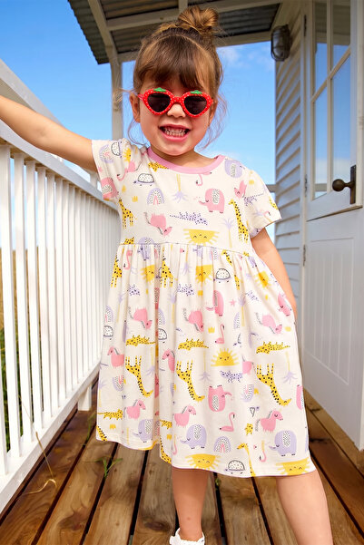 Lilabio Κοριτσίστικο φόρεμα με κοντό μανίκι από 100% βαμβακερό λαιμόκοψη