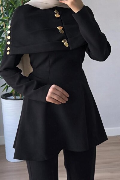 Sara Deluxe Gold Button Detail Peleri̇n Stylish Design Pants Suit