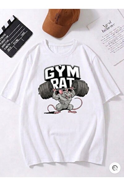 Duzor Unisex Beyaz Tshirt Gym Rate Ateşli Farer Oversize