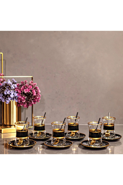 sudeka 12 Parça 6 Kişilik Siyah Gold Çay Seti Takımı