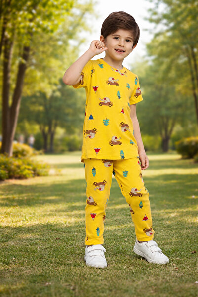 Fidekids طقم بيجامات للأولاد من Diamond Kids بنمط سيارة الفيل الأصفر % قطن بأ...
