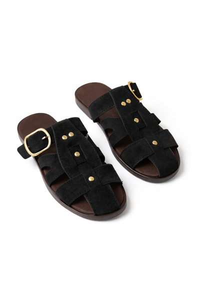 FootFrenzy Γυναικείες παντόφλες Loren Black Suede με χρυσή ζώνη και λεπτομερή...