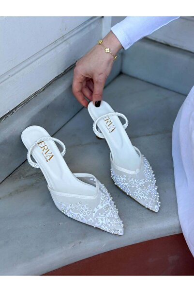 ERVANIN BUTİĞİ Beyaz İnci (Varia) Dantel Detay Kadın Stiletto
