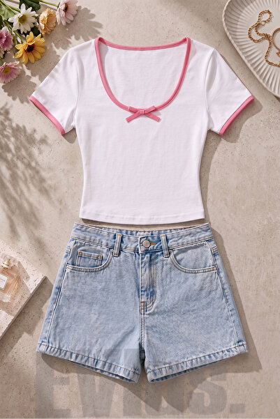 EVIus Γυναικείο ροζ μπλουζάκι με λεπτομέρεια κορδέλας και λαιμόκοψη U