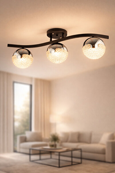 NisaLuce Nisa Luce 3'Lü Bodrum Taşlı Led Plafonyer Avize - Siyah / Krom