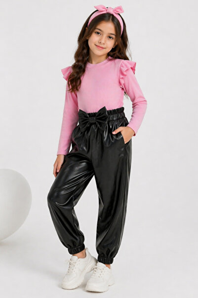 özge başaran Κοριτσίστικο, μαύρο δερμάτινο φιόγκο Λεπτομερές παντελόνι, ροζ β...