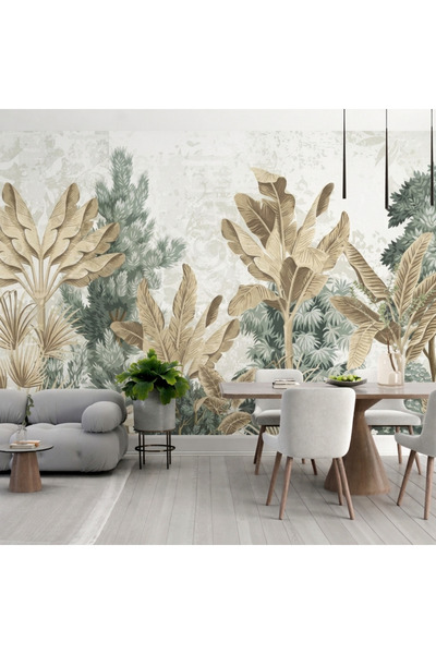 dekoartizan Bej ve Yeşil Tonlarda Tropikal Yaprak Desenli Modern Duvar Kağıdı