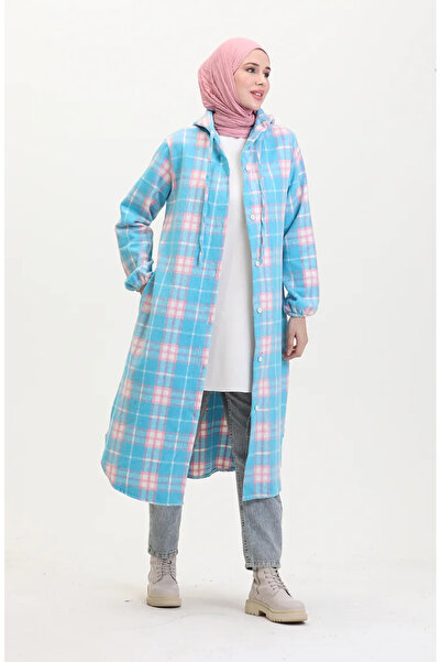 sefamerve Τυρκουάζ καρό μοτίβο με κουκούλα ξυλοκόπο - 0536-03