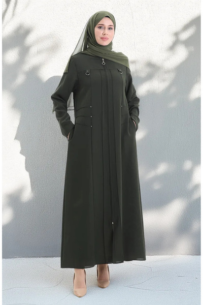 sefamerve Large Size Metal Bead Zippered Ferace 6148-05 Khaki