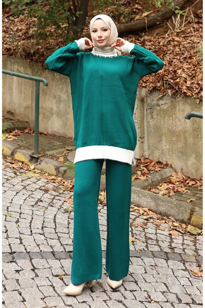 sefamerve Πλεκτά Παντελόνια Τούνικ με Πέρλες Λεπτομερή Σετ Δύο Τεμάχια 1011-0...