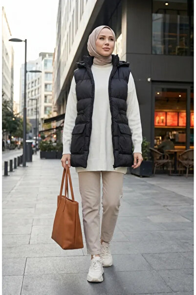 sefamerve με κουκούλα Φουσκωτό γιλέκο με φερμουάρ 0170-02 Μαύρο