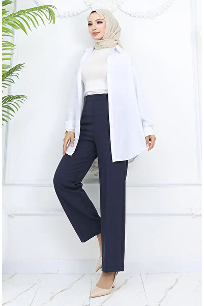 sefamerve Παντελόνι με φαρδύ πόδι 4001-02 Navy Blue