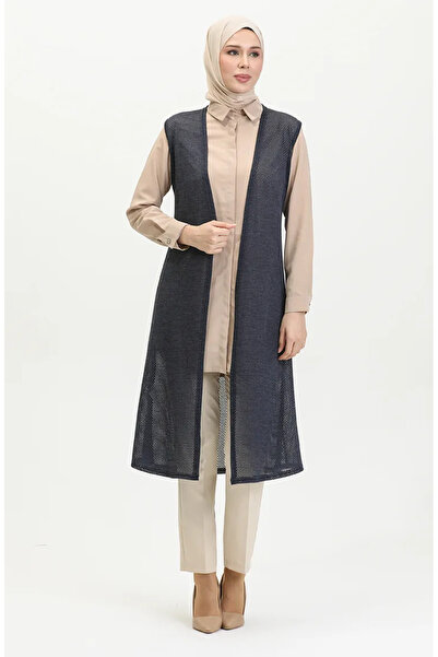 sefamerve Navy Blue Light Glitter Μακρύ γιλέκο με απλό ντραπέ - 8720-02