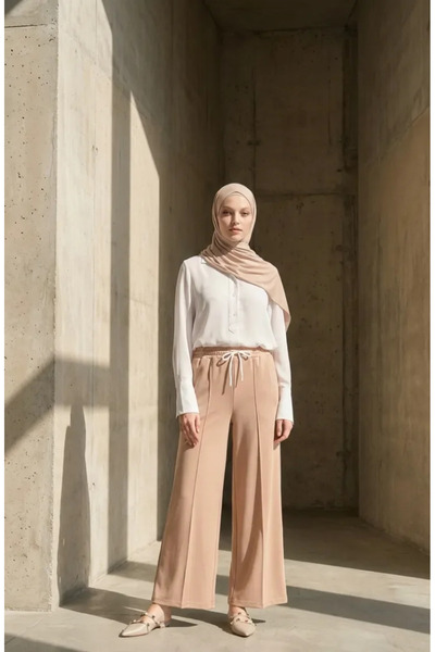sefamerve Elastic Waist Trousers 71126-02 Beige