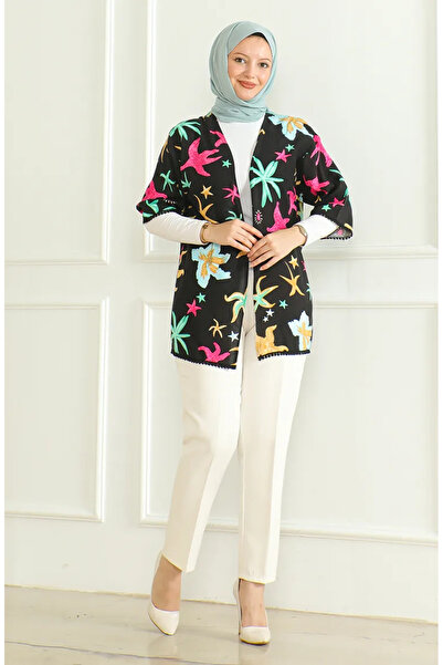 sefamerve Desenli Viskon Kimono 83006A-01 Siyah Fuşya