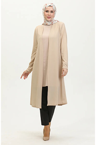sefamerve 8727-02 Μοντέλο Μπεζ μονόχρωμη μακριά ζακέτα
