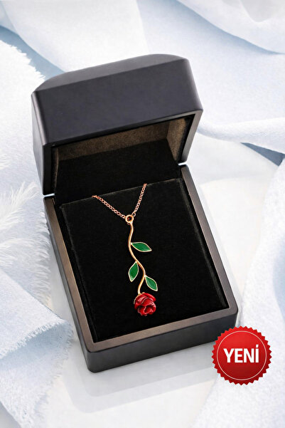 ÇEKİRDEK JEWELRY Gümüş Gül Kolye – Kırmızı Gül ve Yeşil Yaprak Detaylı Zarif ...