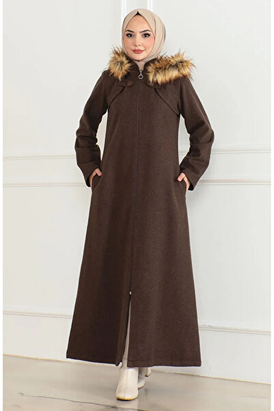 sefamerve Καφέ γούνινο παλτό με κουκούλα - 2058-07