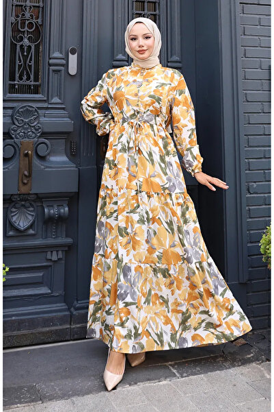 sefamerve Φόρεμα από ύφασμα με κορδόνια στη μέση 0163-01 Μουστάρδα