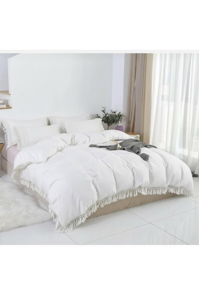 METİNEV Cotton Satin Fringed Duvet Cover Set - White with Bohemian Lace Detai...