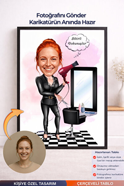 Bugucreative Kişiye Özel Kadın Kuaför Karikatürü Çerçeveli Poster,Hediyelik K...