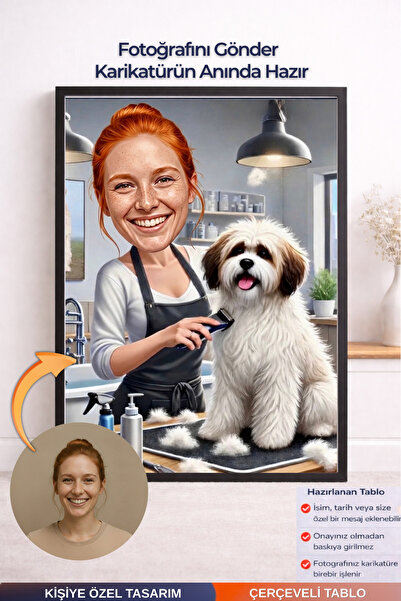 Bugucreative Kişiye Özel Pet Kuaför Karikatürü Çerçeveli Poster,Hediyelik Eşy...