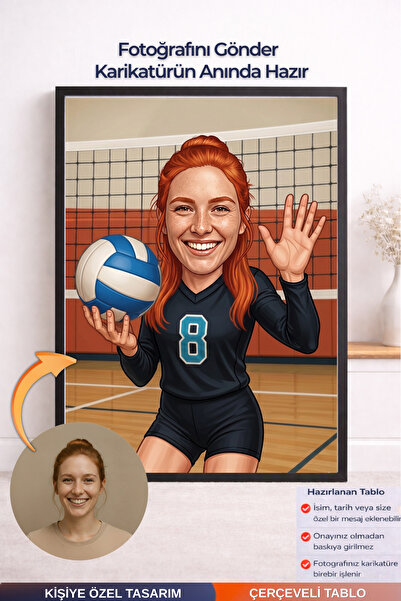 Bugucreative Kişiye Özel Voleybol Karikatürü Çerçeveli Poster,Hediyelik Karik...
