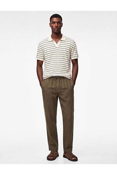 Koton Linen Cotton Blend Trousers with Lace-Up Waist and Pocket Detail