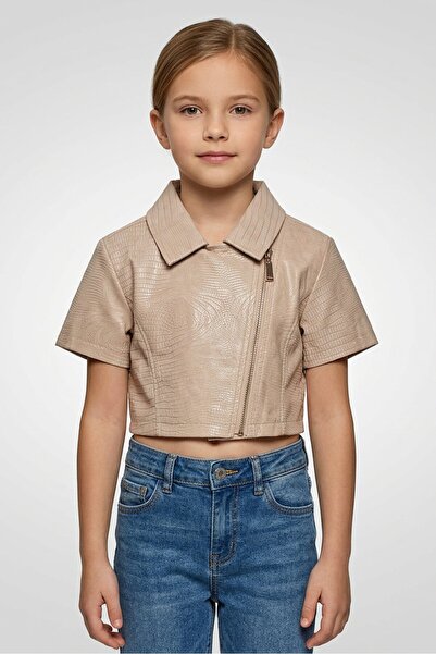 Fun & Fun Kid Girls Spread Collar Short Sleeve Leather Crop Top, Tan