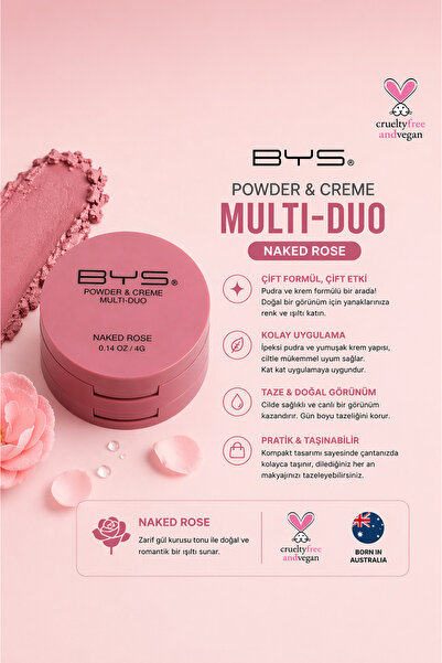 BYS Australia BYS Powder & Crème Multi Duo Naked Rose (Gül) – Pudra & Krem Fo...