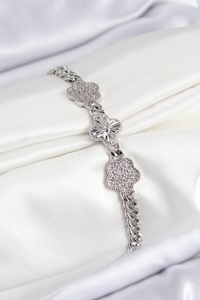 Generic Brand Brass Zircon Stone Clover Model Silver Color Women's Bracelet -...