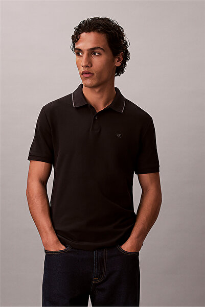 Calvin Klein Ss Refined Pique Tipped Classic Men's Polo Neck T-Shirt Black