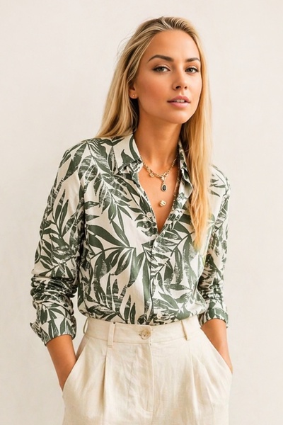 Cassime Γυναικείο πουκάμισο βισκόζης με μακρυμάνικο σχέδιο με πράσινα φύλλα S...
