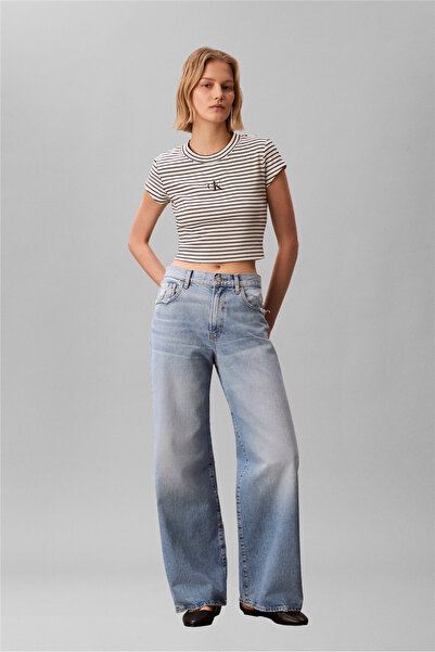 Calvin Klein Striped Monologo Bab Kadın Bisiklet Yaka T-Shirt Siyah