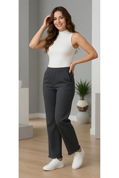 Moudry Clothing Kadın Pantolon Antrasit/Gri Gabardin Rahat Püskül Paça Pantolon
