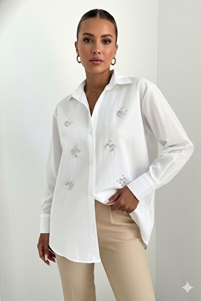 Amorti Λευκό Γυναικείο Μακρυμάνικο Πουκάμισο με Χάντρες