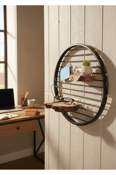 Home Zeytin Ağacı Raflı Metal Duvar Panosu 40 cm Yuvarlak Dekoratif Organizer...