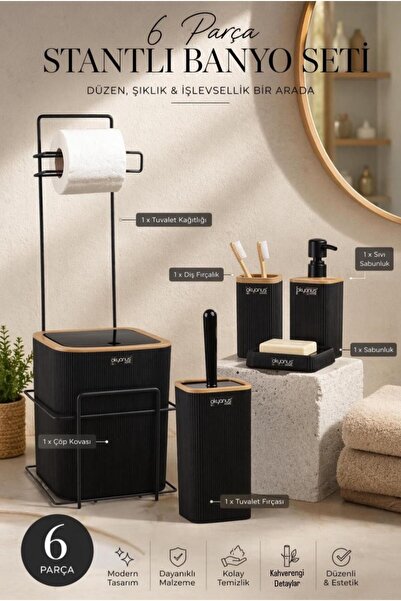 Okyanus Home Μαύρο τετράγωνο Mina Due Stand Χαρτοθήκη WC και Σετ Μπάνιου 6 τε...