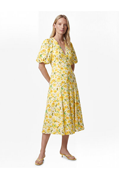 Koton Φόρεμα από ύφασμα βισκόζης με κοντό μανίκι μπαλόνι, λαιμόκοψη σε σχήμα ...