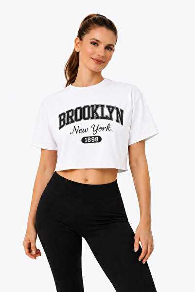 Lizbon Style Γυναικείο λευκό μπλουζάκι με στάμπα Brooklyn, Oversize, άνετη εφ...