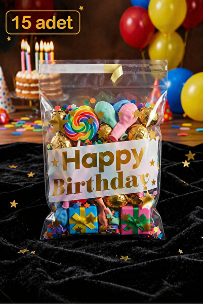 MixmioLife Happy Birthday Yazılı Şeffaf Parti Hediye Poşeti Gold Yıldızlı Doğ...