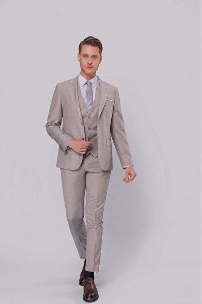 Efor Slim Fit Mono Yaka Düz Gri Yelekli Takım Elbise TK 871
