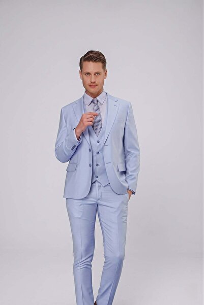 Efor Slim Fit Mono Yaka Düz Mavi Yelekli Takım Elbise TK 871