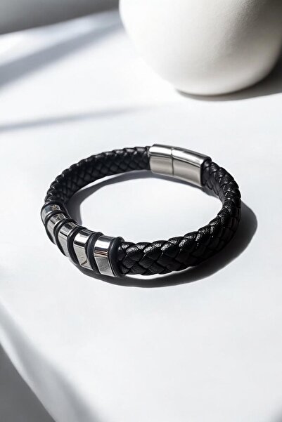 Luna Jewelry Erkek Siyah  Titan Weave 316 L Çelik ve Deri Bileklik