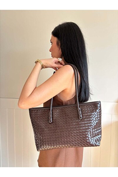 lalettobags Γυναικεία τσάντα χεριού και ώμου μοντέλου Acıkahve Kardelen με πλ...